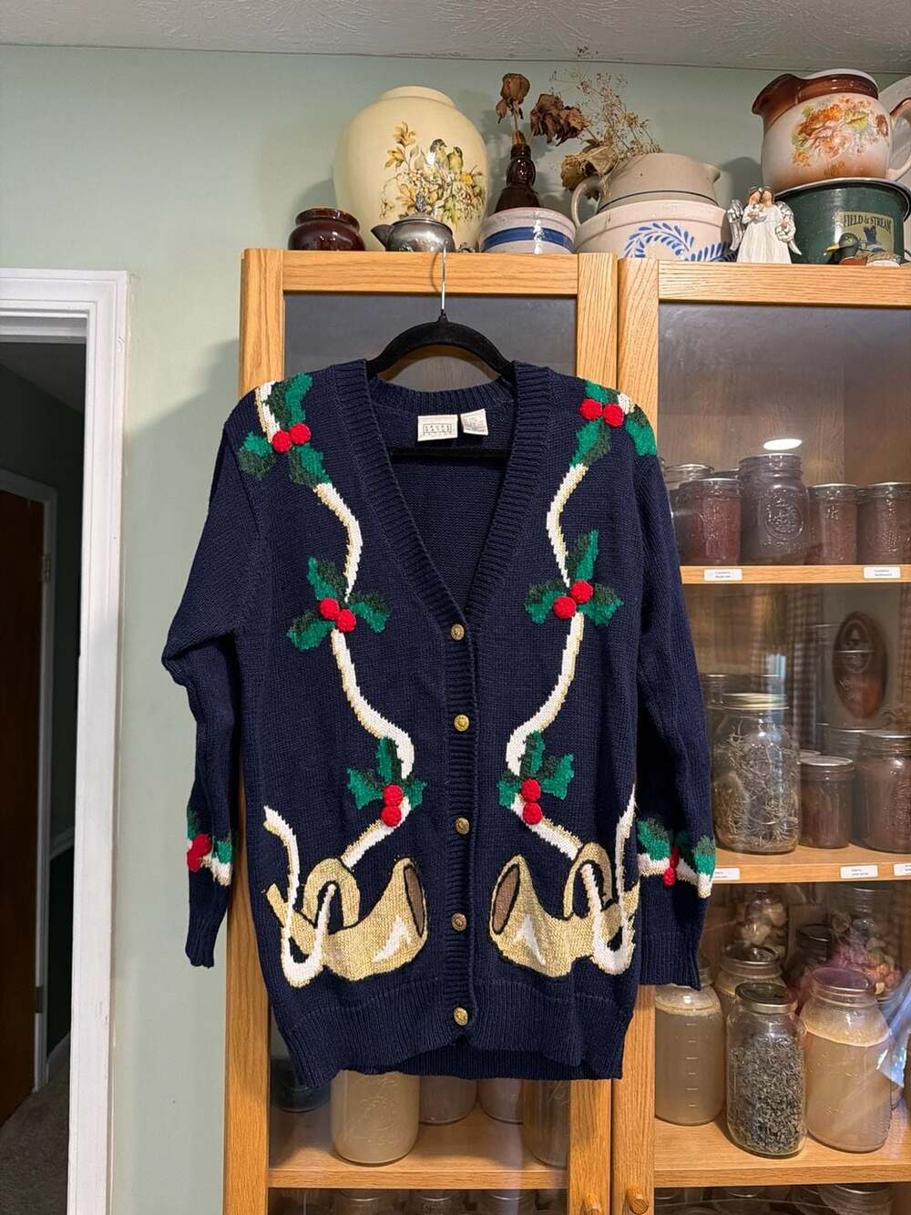 Laura Gayle Petite Vintage Christmas Holiday Cardigan Sweater Navy Blue Horns Ho